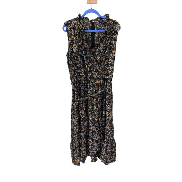 Maggy London Black Floral Faux Wrap Dress - Size 16 - Picture 1 of 4